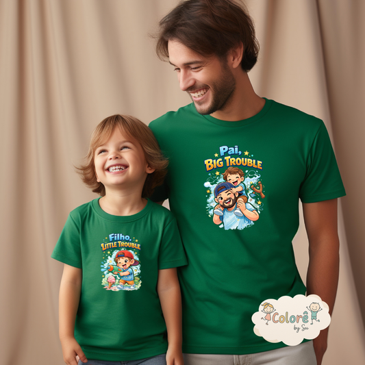 Pai Big Trouble  Filho Litle Trouble Pack t-shirts Personalizadas Pai e Filho-Pai