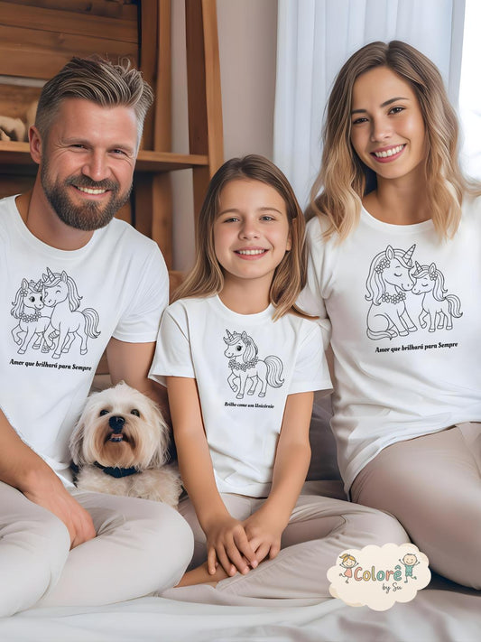Pack Família Unicórnio Tshirts de Manga Curta Família 3 peças Personalizadas – Livros de Colorir