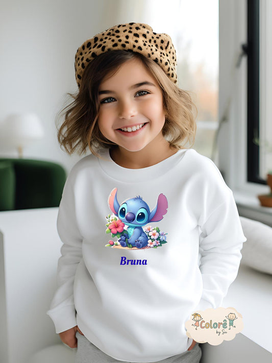 Stitch Flor Sweatshirt Unissexo sem Carapuço – Stitch